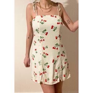 Privacy Please Revolve White Cherry Print Grover Mini Dress Tie Shoulders Sz XS